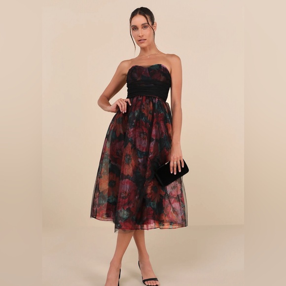 Black Floral Organza Mesh Strapless Midi Dress from Lulus - Picture 1 of 2